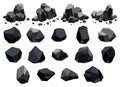 Collection of coal black mineral resources. Pieces of fossil stone. Polygonal shapes set. Black rock stones of graphite Royalty Free Stock Photo