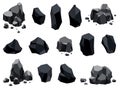 Collection of coal black mineral resources. Pieces of fossil stone. Polygonal shapes set. Black rock stones of graphite Royalty Free Stock Photo