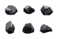 Collection of coal black mineral resources. Pieces of fossil stone. Polygonal shapes set. Black rock stones of graphite Royalty Free Stock Photo