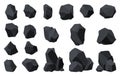 Collection of coal black mineral resources. Pieces of fossil stone. Polygonal shapes set. Black rock stones of graphite Royalty Free Stock Photo