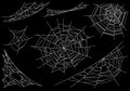 Collection of Cobweb, isolated on black, transparent background. Spiderweb for Halloween design. Spider web elements