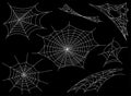 Collection of Cobweb, isolated on black, transparent background. Spiderweb for Halloween design. Spider web elements Royalty Free Stock Photo