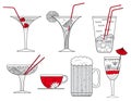 Collection of Cocktail Glasses, Cup of Coffee and Glass of Beer - illustration