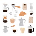 Collection of coffee equipment for manual brew methods isolated vector cliparts. Hand drawn illustrations for coffee Royalty Free Stock Photo
