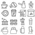 Collection Coffee Equipment Sign Icons Set Vector Thin Line. Coffee And Latte Cup, Beverage Machine And Brewing Pot Linear Pictogr