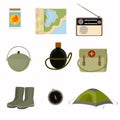 Collection of collected sets for camping tent boots, compass matches, first-aid kit.