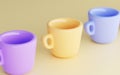 Collection of colored ceramic mugs, clean porcelain dishes, realistic 3d illustration modern cute crockery for water and Royalty Free Stock Photo