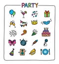 Collection of colored party icons. Doodle style