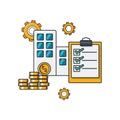 Collection colored thin icon of financial checking office ,checklist ,magnifying glass ,money coin, business and finance concept