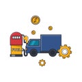 Collection colored thin icon of gas station and transportation truck