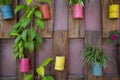 Collection colorful aluminium can pot on wooden wall