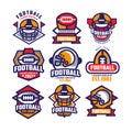 Collection of colorful American football logo. Labels with oval-shaped rugby balls and protective helmets. Sports Royalty Free Stock Photo