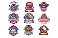 Collection of colorful American football logo. Labels with oval-shaped rugby balls and protective helmets. Sports Royalty Free Stock Photo