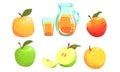 Collection of Colorful Apples, Red, Green, Yellow Whole and Sliced Fruit, Apples Juice Vector Illustration