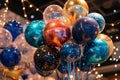 A collection of colorful balloons soaring through the sky, creating a vibrant and dynamic display, Space-themed birthday party Royalty Free Stock Photo