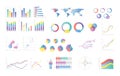 Collection of colorful bar charts, pie diagrams, linear graphs, scatter plots. Statistical and financial data