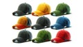 Collection of colorful baseball caps isolated on white background. Assorted sports caps in various colors. Concept of Royalty Free Stock Photo