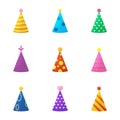Collection of Colorful Birthday Party Hat on White Background. Funny Cartoon Cone Caps Set for Celebration Anniversary Royalty Free Stock Photo