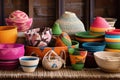 collection of colorful boho-style woven baskets