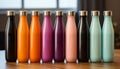 A collection of colorful bottles on a clean table generated by AI