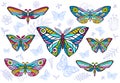 Collection of colorful butterflies on a floral background, vector set of insects, vintage style, wings, flowers, leaves. Royalty Free Stock Photo