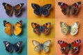 A collection of colorful butterflies isolated on different color backgrounds. Royalty Free Stock Photo