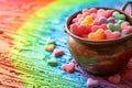 A collection of colorful candy hearts fills a pot sitting on a table, creating a festive and sweet display, A pot full of heart- Royalty Free Stock Photo