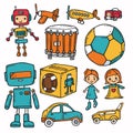 Collection colorful cartoon drawings featuring robots, vehicles, drum, soccer ball, two girls Royalty Free Stock Photo