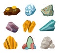 Collection of colorful cartoon gemstones and minerals. Set of various magic crystals, precious rocks for game design
