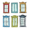 Collection colorful cartoon windows handdrawn, various architectural styles designs. Vintage