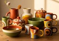 Of colorful ceramic kitchenware featuring mugs, bowls, pitchers, and Royalty Free Stock Photo