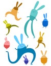 Collection of colorful cheerful cartoon rabbits, smiling, dancing and walking.