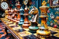 Collection of colorful chess pieces sitting on top of checkered table. Generative AI Royalty Free Stock Photo