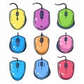 Collection colorful computer mice various shades. Cartoon style computer peripherals, vibrant