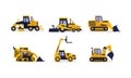 Flat vector set of colorful construction vehicles. Excavator, wheel loader, bulldozer, grader. Heavy equipment for