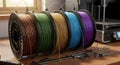 A collection of colorful 3D printer filament spools Royalty Free Stock Photo