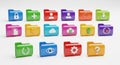Collection of colorful digital folder icons with various software symbols for organization and data management Royalty Free Stock Photo