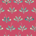 Collection of colorful dragonflies arranged in rows on apink background in a folk art style. Seamless repeat vector pattern