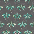 Collection of colorful dragonflies arranged in rows with their silhouette in the background in a folk art style. Seamless repeat