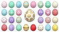 A collection of colorful Easter eggs with various patterns and designs on a white background Royalty Free Stock Photo