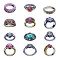 Collection colorful engagement rings, various designs, precious stones, jewelry. Assorted rings