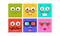 Collection of colorful faces with different emotions, funny square emoji vector Illustration