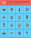 Collection of 16 colorful fast food icons Royalty Free Stock Photo