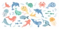 Collection of colorful fishes and sea animals. Icons in cartoon style for children Royalty Free Stock Photo