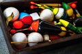 Collection of colorful fishing floats,hooks and decoy Royalty Free Stock Photo