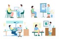 Collection of colorful flat vector illustrations of medical examination of patients in the hospital.