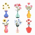 Collection colorful flowers vases, various shapes designs, simple flat vector illustration. Set Royalty Free Stock Photo