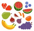 Collection Of Colorful Fresh Fruits And Berries Vector Illustration, Isolated Icons In Flat Style Royalty Free Stock Photo