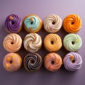 a collection of colorful frosted donuts on a purple background