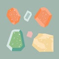 Collection of colorful gemstones in flat design. Various shapes and sizes, pastel tones, cartoon style minerals